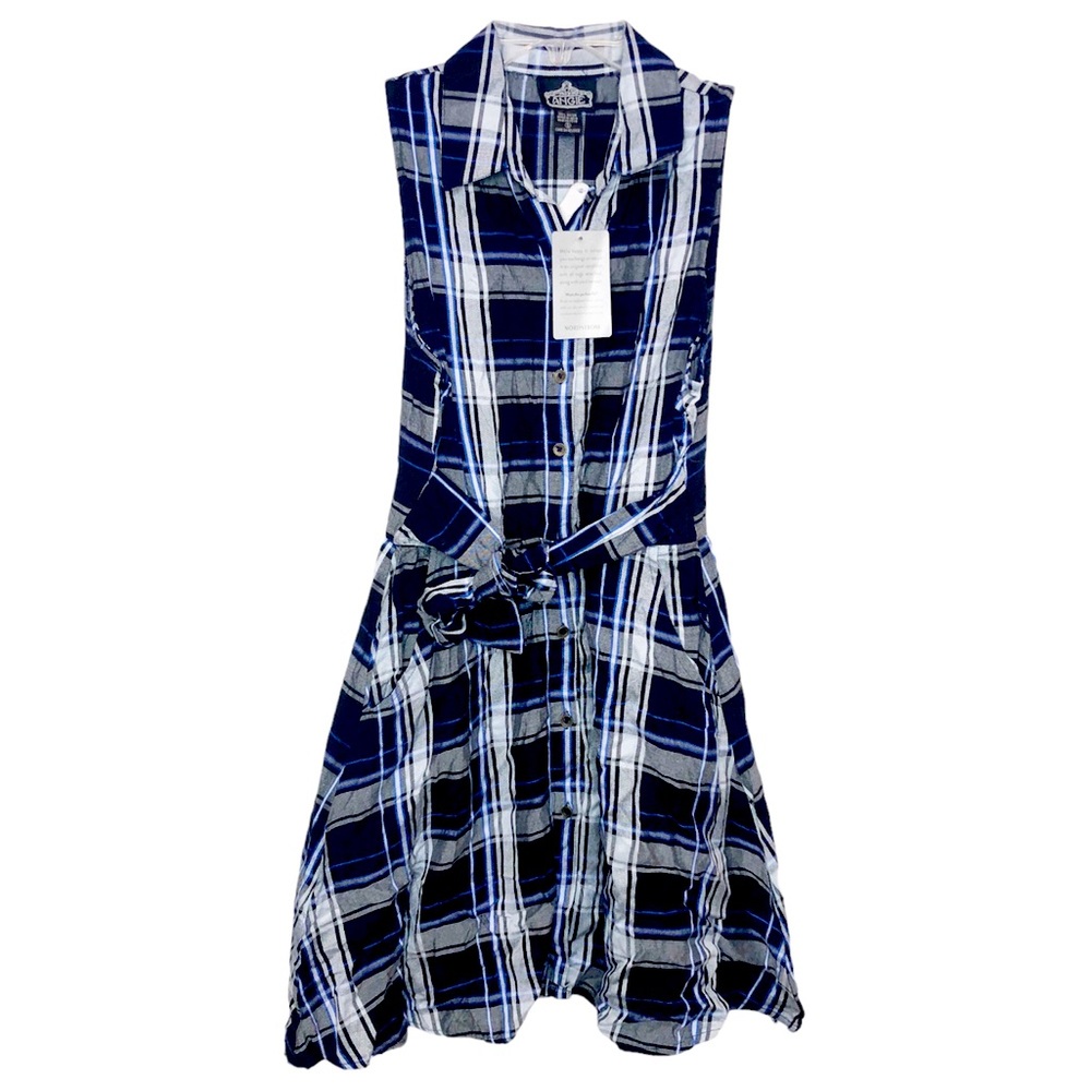 Angie Sleeveless Plaid Print Dress Tie Belt Black Blue Size Small NWT Nordstrom